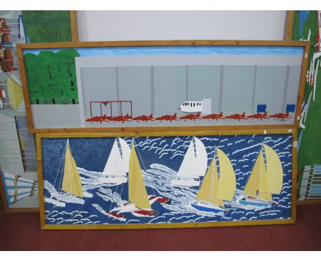 P.J. Roebuck (Sheffield Artist), Red Arrows Grounded, oil on panel, signed lower right, 49 x 168cm, another of Yachting Scene