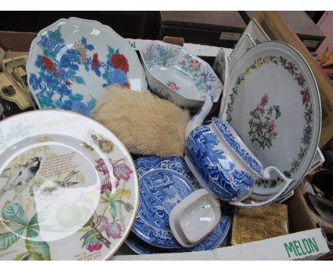 Spode 'Italian' Plates and (damaged) teapot, Royal Worcester 'Herbs' cake plate, other pottery, wooden bowl, Kangaroo fur eve