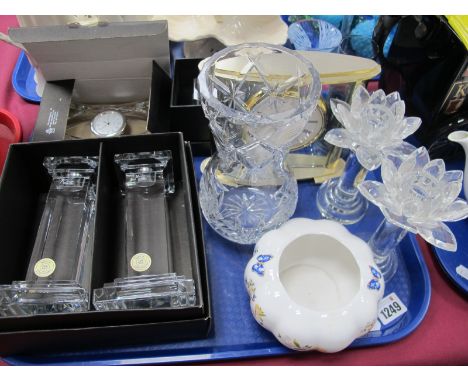 Xavier, pair of glass candlesticks mantel clock, Caithness vase, Aynsley bowl, etc:- One Tray.