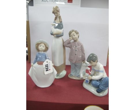 Four Nao Figurines, Girl Picking Up Her Skirt, Girl Holding a Duck, Boy playing with a Train Set, Boy with a Teddy Bear, (plu