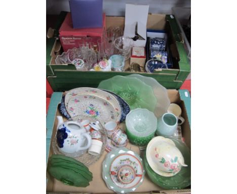 Art Deco Green Glass Bowls, plates, Japanese part tea service, etc, cut glass vases, pair of mugs, etc:- Two Boxes.