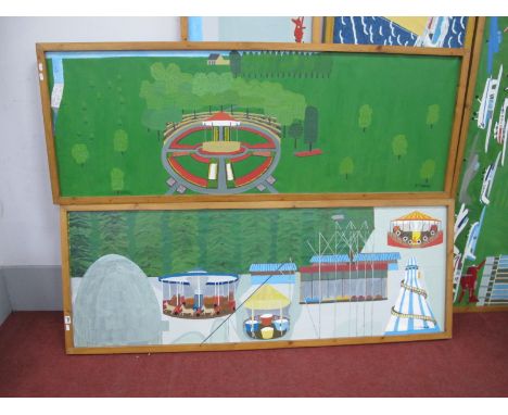 P.J. Roebuck (Sheffield Artist), Fairground Scene, oil on panel, signed lower right, 59 x 168cm, another Garden Scene. (2).