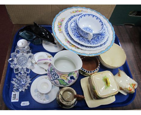 Swarovski Crystal Hedgehog, candlestick, Poole dolphin, Poole jug, three Wedgwood candlesticks, etc:- One Tray