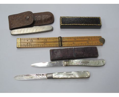 A Mother of Pearl Scales Fruit Knife, with silver hallmarked blade, another similar with etched silver blade, a fruit knife w