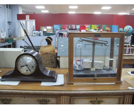 A 1920's Dome Cased Mantle Clock, with Westminster chimes movement, balance scales in case (glaze top panel absent). (2).