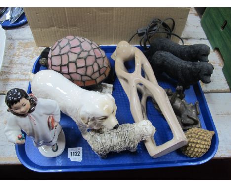 Tiffany Style Lamp as a Tortoise, 19cm long. USSR figurines. Leonardo and other dogs, embrace group:- One Tray.