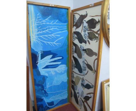 P.J Roebuck (Sheffield Artist), Pigeons, oil on panel, signed lower right, 58.5 x 163cm, another of Abstract Scene. (2).