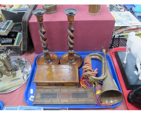 A Pair of Oak Barley Twist Candlesticks, 30cm high, Tallent musical jewellery box, crib board, bugle.