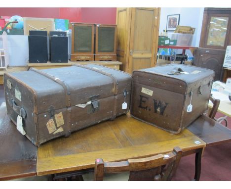 An Early XX Century 'Stork' Wooden Bound Hessian Steamer Trunk, retailers label for 'Cole Brothers - Sheffield' with inner fi