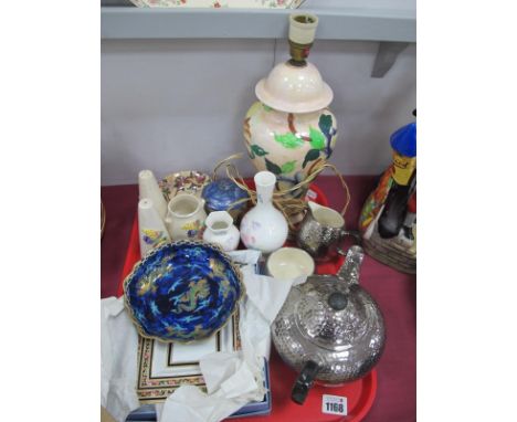 Maling Lustre Table Lamp, preserve pot, condiments, Royal Winton planished silver lustre three piece tea set, Corona Ware dra