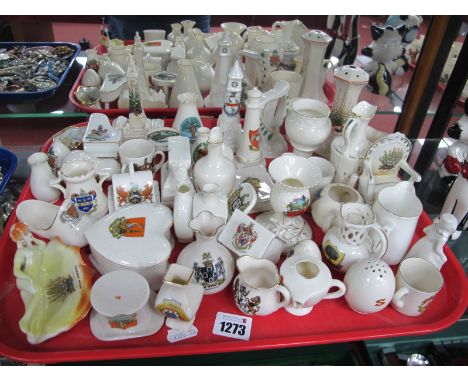 Crested Ware - Carlton harp, Willow Skegness clock, Swan, Crown, Victoria piano, etc:- One Tray