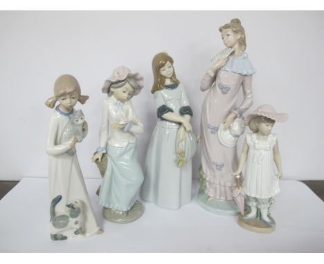 Nao Figurines - Lady with Fan, Girl with Flowers; plus three others. (5)