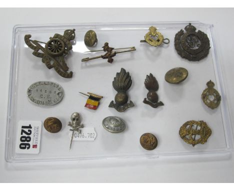 Military Cap Badges, tunic buttons, Belgium, Skull and Crossbones stick pins, Sgt E.A. Shail dog tag 11808 1Bn Coldm Gds. G.E