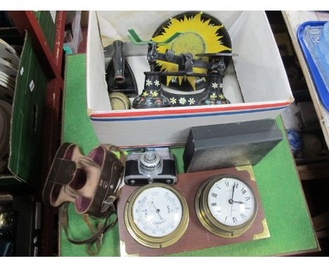Painted Flat Irons and Scales, Koroll II camera, whisky flask, wall mounted clock, barometer:- One Box