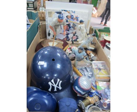 New York Yankees Memorabilia, to include Historical Beginnings Joe Dimaggio and three other resin figures, model helmets, bal