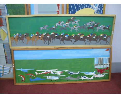 P.J. Roebuck (Sheffield Artist), Horse Racing Scene, oil on panel, signed lover right, 487 x 167cm, another of Airport Scene 