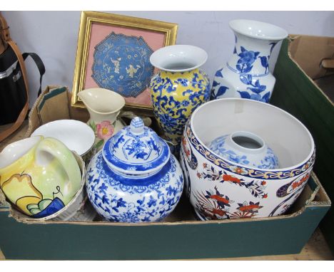 Blue and White Vase, ginger jar, other oriental potters, small Chinese embroidered panel framed and glazed:- One Box