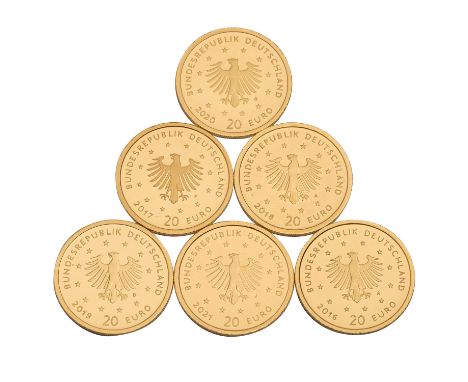 BRD/GOLD - 20 Euro GOLD fein, Heimische Vögel - Komplettsatz 2016-2021 davon Nachtigall 2016-A, Pirol 2017-F, Uhu 2018-A, Wan