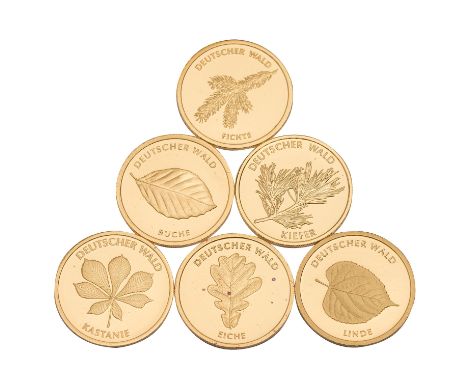 BRD/GOLD - 20 Euro GOLD fein, Dt. Wald - komplette Serie 2010-2015 davon Eiche 2010-J, Buche 2011-D, Fichte 2012-D, Kiefer 20