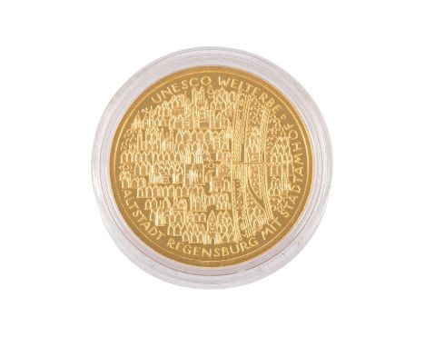 BRD/GOLD - 100 Euro GOLD fein, UNESCO: Altstadt Regensburg 2016-D stgl., gekapselt, 15,55g fein, in Original-Etui mit Zertifi