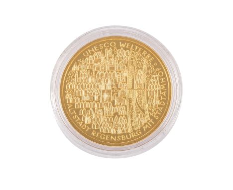 BRD/GOLD - 100 Euro GOLD fein, UNESCO: Altstadt Regensburg 2016-D stgl., gekapselt, 15,55g fein, in Original-Etui mit Zertifi