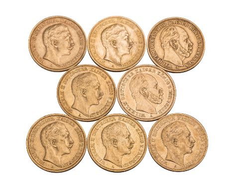 Preussen/GOLD - 8 x 20 Goldmark, 2 x 1886 A Wilhelm I., 1 x 1894 A, 1 x 1897 A, 1 x 1899 A, 1 x 1908 A und 2 x 1909 A alle Wi