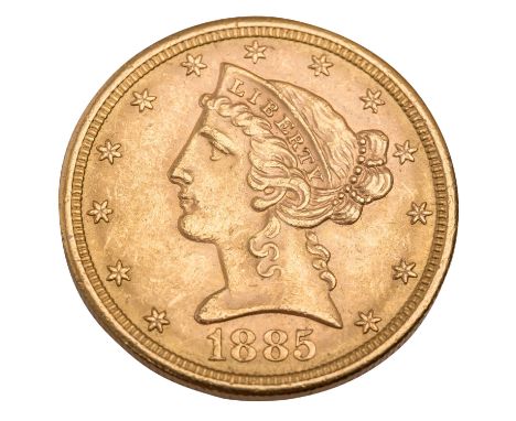 USA - 5 Dollars 1885/S, Coroned Head, GOLD, Half Eagle, San Francisco, ca. 7,5 Gramm fein, ss+, steuerbefreit nach §25c UStG|