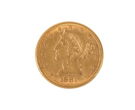 USA - 5 Dollars 1881 / o Mzz., Coroned Head, GOLD, Half Eagle, ca. 7,5 Gramm fein, ss, steuerbefreit nach §25c UStG.|  USA - 