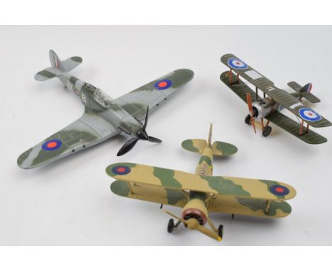 Three model die cast model war planes. Dinky Hawker Hurricane, Corgi Gladiator, Egypt 1940 and a Sopwith Camel. (3)  some wir