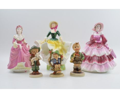 A collection of lady figures to include Coalport Winsome, Daphne, Royal Doulton Becky and Hummel figures to include Boy with 