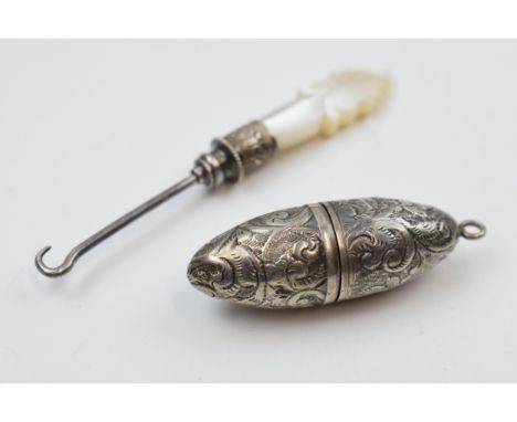 Miniature silver and Mother of Pearl button hook with white metal shaped needlecase with engraved decoration (2).  