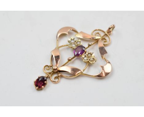 9ct gold amethyst and pearl Art Nouveau pendant, 2.8 grams.  