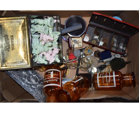 Mixed items to include coins, costume jewellery, pottery part chess set, apothecary / chemist style jars, a glass light fitti