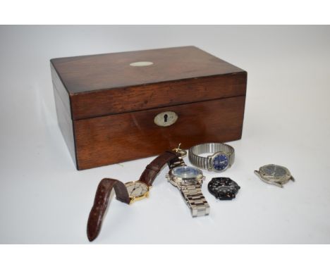 19th century wooden jewellery box with Mother of Pearl inlay with a collection of fashion watches (untested).  