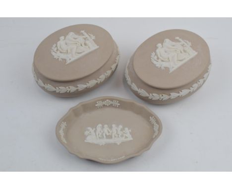 Wedgwood Jasperware in unusual Light Taupe colour to include 2 trinket boxes and a pin dish (3).  In good condition with no o