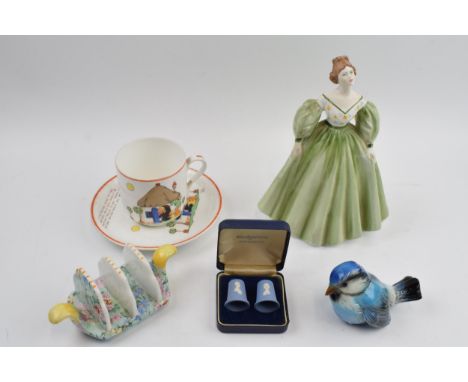 Pottery to include a Shelley Melody toast rack, Wedgwood thimbles, Goebel Sparrow CV74, Coalport Kelly and Shelley Mabel Luci