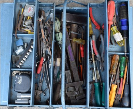 Vintage blue metal folding toolbox with contents of various tools and equipment.  