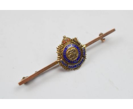 9ct gold bar brooch Royal Army Service Corps with enamelled decoration, 3.1 grams, 5.5cm wide, with steel pin.  