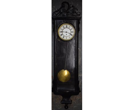 Late 19th / early 20th century Vienna wall clock with wooden frame painted black with pendulum and weight, 119cm long.  Untes