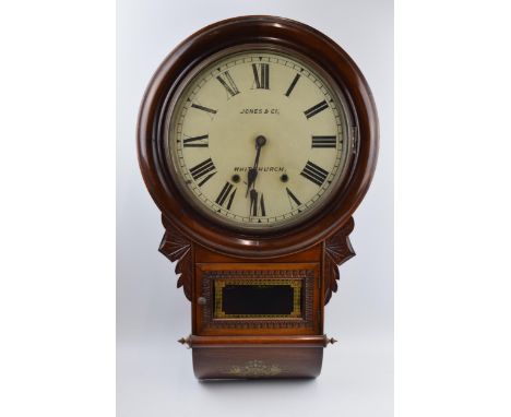 19th century mahogany cased drop dial clock 'Jones &amp; Co Whitchurch' with associated key, 68cm long.  