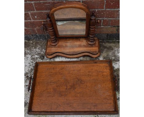 Early 20th century swinging loo mirror together with a butlers tray, 70cm wide (2).  Collection only. Some water stains and m