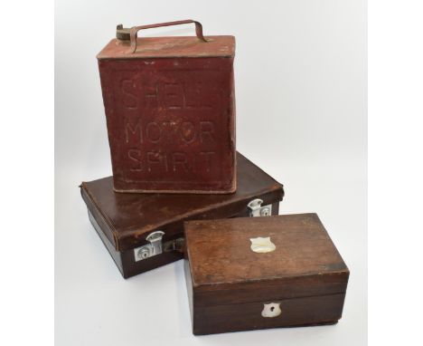 Vintage Shell oil can with BP fuel cap, a wooden box and a leather travelling case (3).  