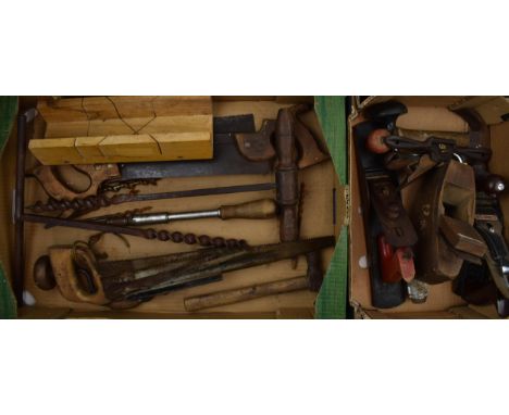 Vintage woodworking tools and similar to include wooden handled saws, Bailey No.4 Plane, Stanley No.64 shave / scraper with o