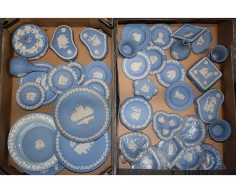 Wedgwood Jasperware in light blue to include vases, plates, pin dishes, trinkets and others (40+ pieces).  Condition generall