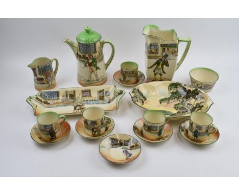 Royal Doulton seriesware to include Dickens Ware such as a coffee pot, sandwich plate, coffee cans and saucers and others (Qt