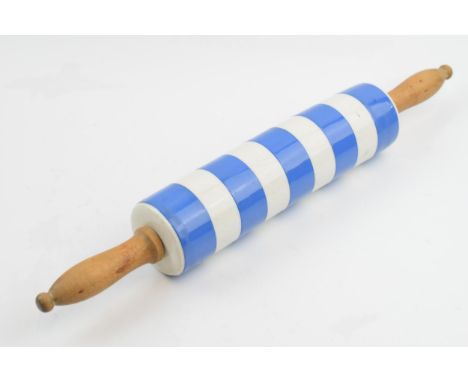 T.G. Green Cornish Ware rolling pin with turned wooden handles, 45cm long.  Displays well and generally good with some deep l