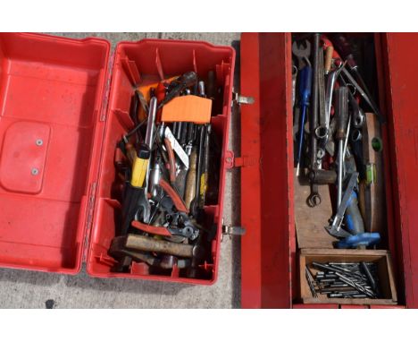 Vintage red metal folding toolbox with contents of various tools and equipment with a similar red plastic example (2).  