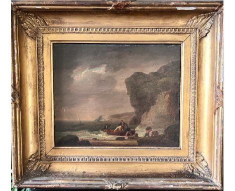H RIL, OIL ON PANEL, 'UNLOADING CARGO BY MOONLIGHT', WITHIN GILT FRAME, APPROX 26 x 20cm

 