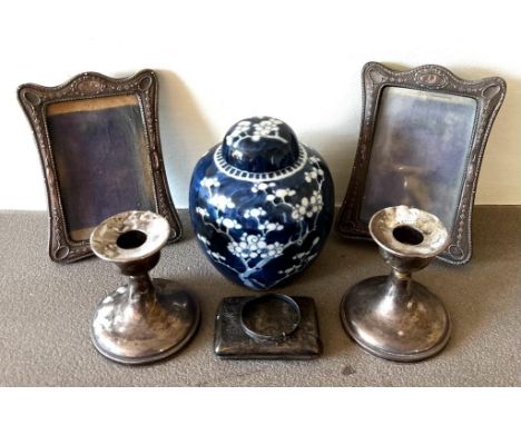 TWO SILVER PHOTO FRAMES, SILVER CIGARETTE CASE, TWO SILVER CANDLE HOLDERS, SILVER BANGLE, AND 19th CENTURY JAPANESE STORAGE J