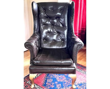 VINTAGE BROWN LEATHER BUTTON BACK LEATHER ARMCHAIR, DISTRESSED, APPROX 77cm WIDE AND 106cm HIGH